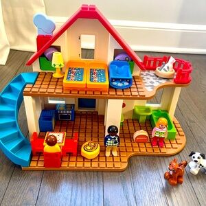Colorful Kids Dollhouse Playset with Blue Staircase and Red Roof